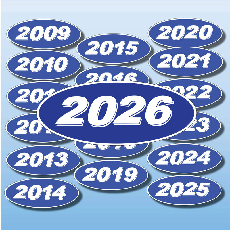 Vinyl Oval Year Decals 4 Digit Blue, White Discontinued older years (SALE)