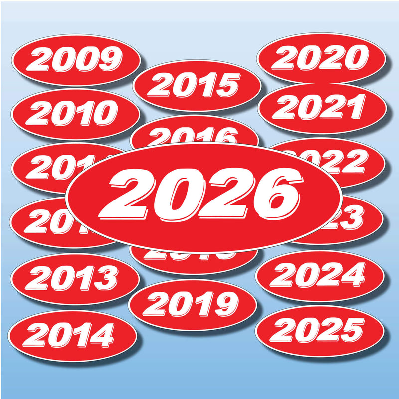 Vinyl Oval Year Decals 4 Digit Red, White Discontinued older years (SALE)