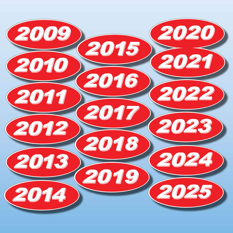 Vinyl Oval Year Decals 4 Digit Red, White Discontinued older years (SALE)